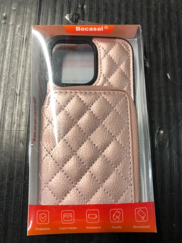 Photo 1 of ***STOCK PHOTO REFERENCE ONLY***NO SHOULDER STRAP***CASE ONLY***Bocasal iPhone 14 Pro Max Crossbody Wallet Case, RFID Blocking, PU Leather Zipper Handbag, Kickstand Folio with Card Slots & Wrist Strap - Rose Gold