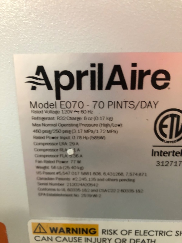 Photo 8 of ***ITEM TESTED FOR POWER, UNABLE TO TEST FURTHER***Aprilaire E70 Pro 70 Pint Dehumidifier for Crawl Spaces, Basements, Whole Homes, Commercial up to 2,800 sq. ft.