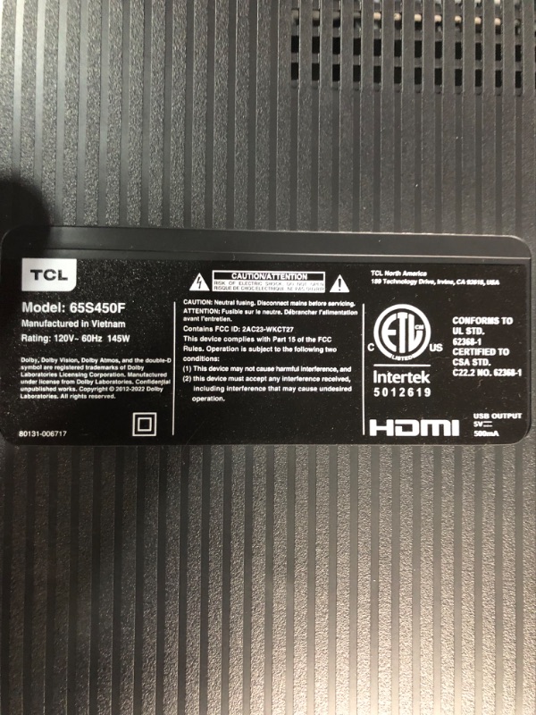 Photo 6 of ***USED - POWERS ON - UNABLE TO TEST FURTHER***
TCL 65-Inch Class S4 4K LED Smart TV with Fire TV (65S450F, 2023 Model), Dolby Vision HDR, Dolby Atmos, Alexa Built-in, Apple Airplay Compatibility, Streaming UHD Television,Black 65 inches