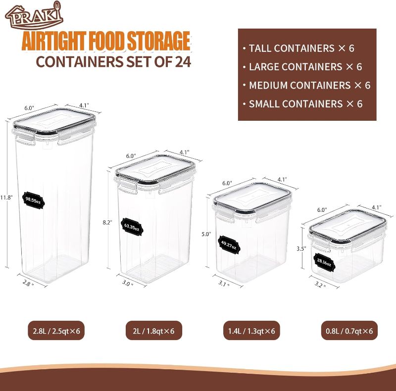 Photo 4 of ***USED - LIKELY MISSING PARTS - UNABLE TO VERIFY FUNCTIONALITY***
PRAKI Airtight Food Storage Containers Set with Lids - 24 PCS, BPA Free Kitchen and Pantry Organization, Plastic Leak-proof Canisters for Cereal Flour & Sugar - Labels & Marker