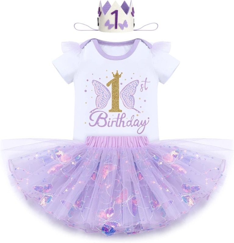 Photo 1 of  **** USED / DIRTY*** IDOPIP Butterfly 1st Birthday Outfit Baby Girl Sequin Butterfly Romper Tutu Skirt Headband Costume for Cake Smash Photo Shoot
 sIZE yEAR 1