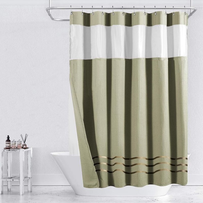 Photo 1 of ***STOCK PHOTO REFERENCE ONLY***
Yimobra Waffle Weave Shower Curtain Set with Snap-in Fabric Liner, Heavyweight Fabric with 12 Hooks, Waterproof and Washable, Mesh Top Window, 72 "x 72", Pale Khaki