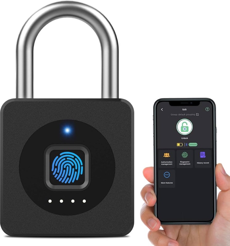 Photo 1 of  Fingerprint Padlock, Keyless Biometric Gym Locker Lock, Medium-Sized Electronic Digital Bluetooth App Control Smart Pad Lock for Locker Outdoor Fence Gate Storage Pool Shed - Black