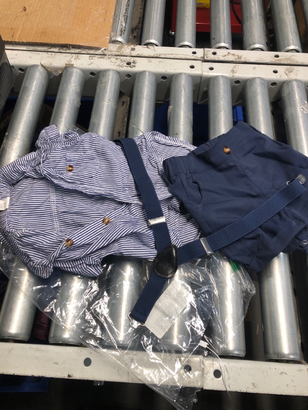 Photo 1 of **MISSING BOW TIE**
Baby Boys Gentleman Outfits Suits, Infant Blue Stripe Shirt+Navy Shorts+Bow Tie+Suspender Clothes Set,6-9M