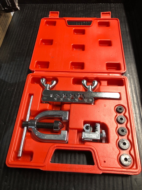 Photo 3 of ***FACTORY SEALED-OPENED TO INSPECT***
Thorstone Double & Single Flaring Tool Kit for Brake Line and Brass Tubing Tool with Extra Adapters, 45 Degrees, Red