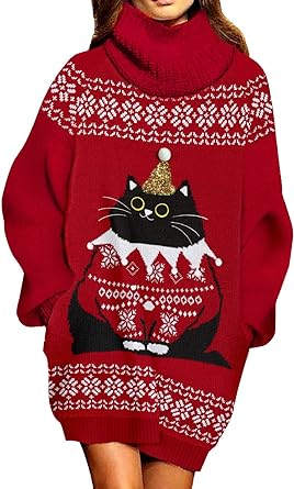 Photo 1 of Pink Queen Women Oversize Turtleneck Santa Black Cat Snowflake Funny Christmas Pullover Sweater Dress Red XL
