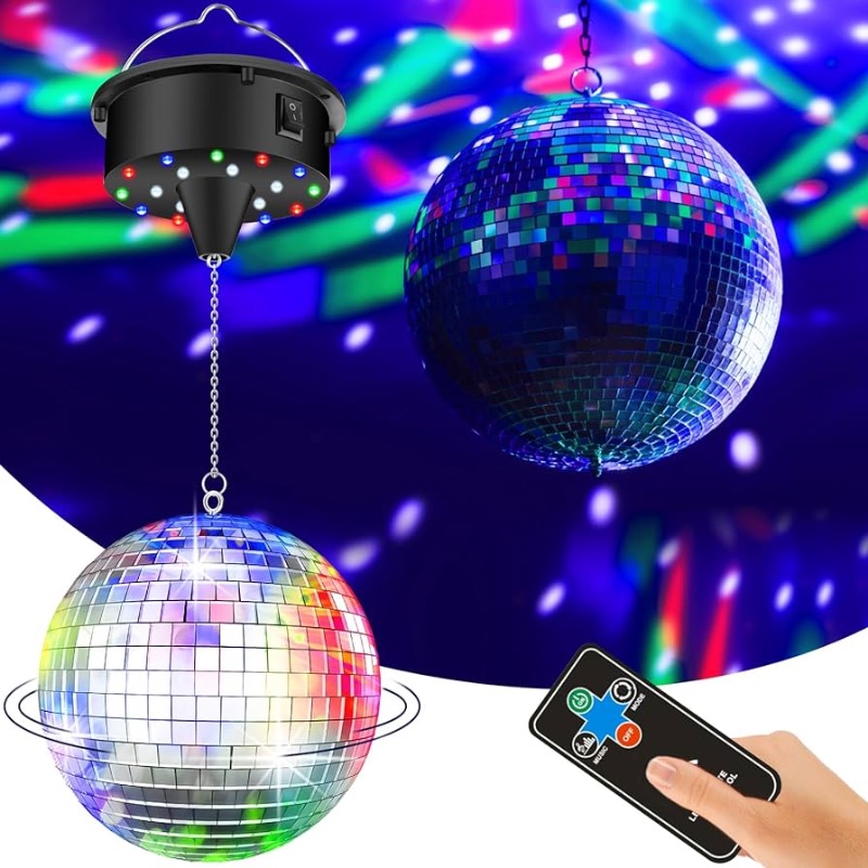 Photo 1 of 10 RPM Disco Ball with Motor and Mirror Ball — Plug/Battery Powered Disco Ball Light with 4 Color Lights,18 LED Beads and Mirror Ball, Christmas Party, Back to 70s Theme Party Supplies