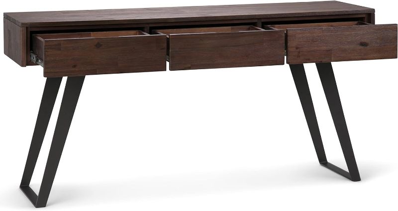 Photo 1 of **SEE NOTES**SIMPLIHOME Lowry SOLID ACACIA WOOD and Metal 60 Inch Wide Modern Industrial Console Sofa Table in Distressed Charcoal Brown, For the Living Room, Entryway and Bedroom
