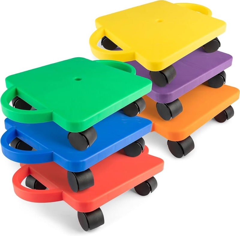 Photo 1 of **MISSING 1**Scooter Board with Handles, Set of 6, Wide 12 x 12 Base - Multi-Colored, Fun Sports Scooters with Non-Marring Plastic Casters for Children - Premium Kids Outdoor Activities and Toys