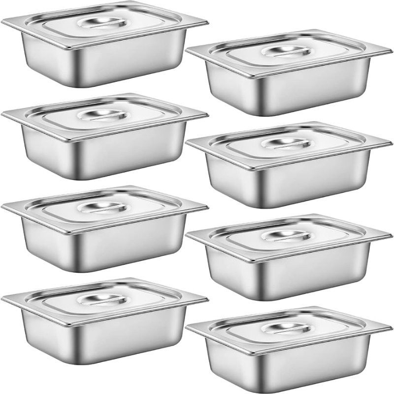 Photo 1 of  8 Set Stainless Steel Hotel Pans Steam Table Pan with Lids 4 inch 1/2 Half-Size Restaurant Pans Anti Steam Table Pan for Hotel Food Buffet Event Catering Supplies