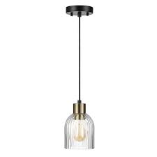 Photo 1 of 1-Light Matte Black Shaded Pendant Light with Clear Ribbed Glass Shade and Matte Brass Accent
