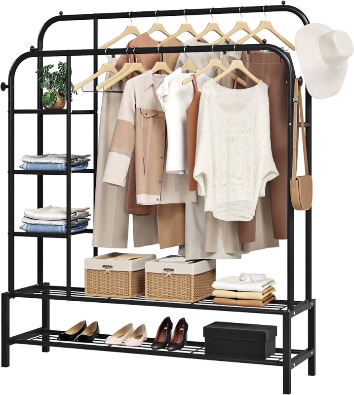 Photo 1 of  Double Rods Portable Garment Rack for Hanging Clothes, 49.4 * 64.7 Inch Metal Clothing Rack with Bottom Shelves and 4 Hooks, Freestanding Clothes Rack for Bedroom, Space Saving, Black