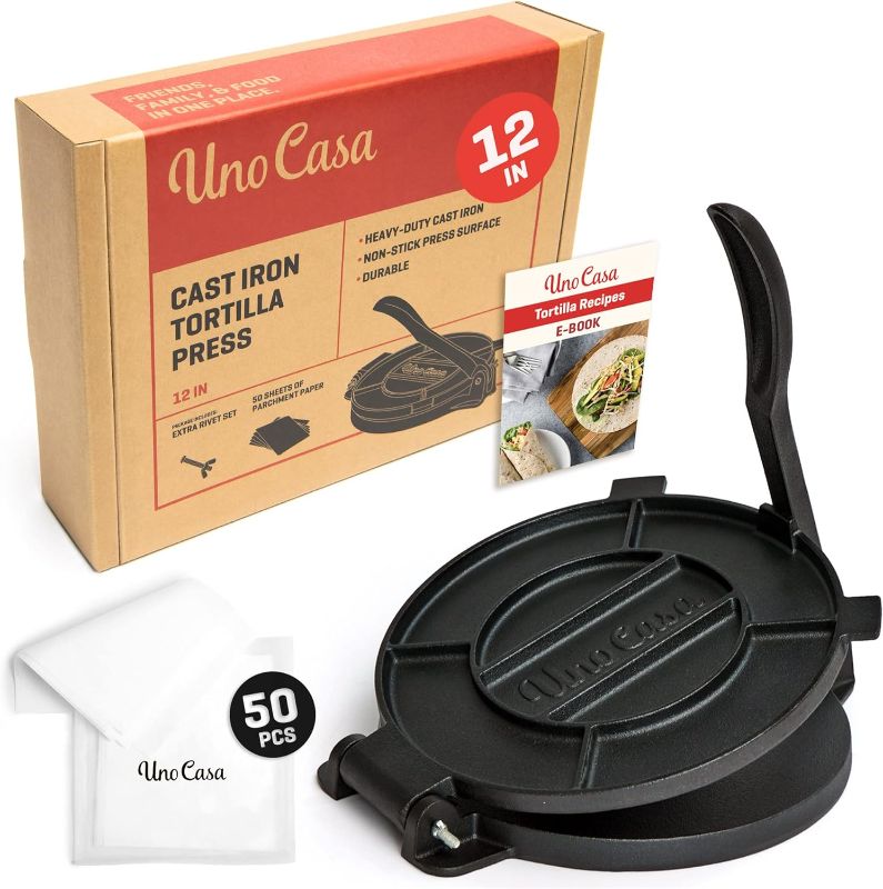 Photo 1 of (READ FULL POST) Uno Casa Tortilla Press 12 Inch Cast Iron - Heavy Duty 12 Inch Tortilla Press. Large Tortilla Press with 50 Parchment Papers - Tortilleras Mexicanas Para Hacer Tortillas
