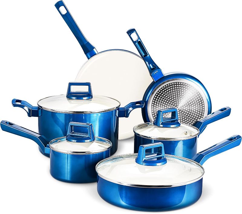 Photo 1 of 10 Pcs Pots and Pans Sets, Nonstick Cookware Set, Induction Pan Set, Chemical-Free Kitchen Sets, Saucepan, Saute Pan with Lid, Frying Pan, Blue
