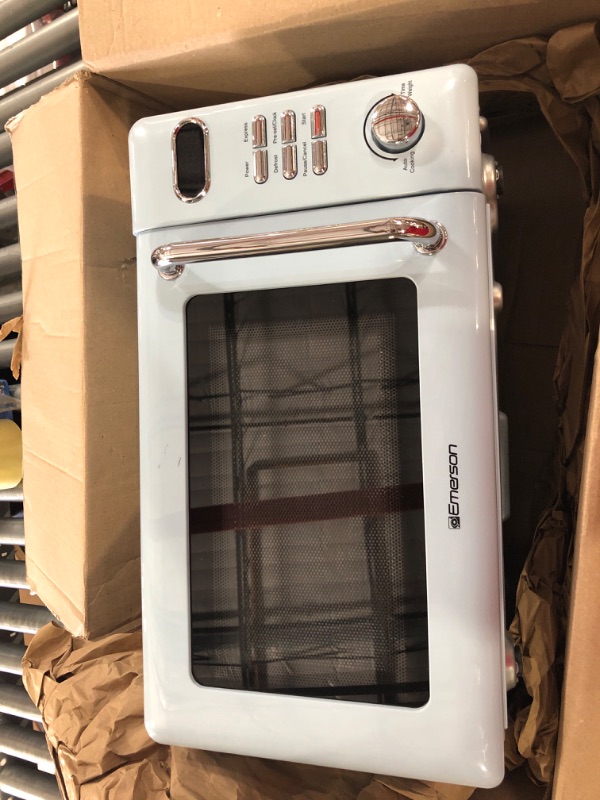 Photo 2 of **NON REFUNDABLE NO RETURNS SOLD AS IS**Emerson MWR7020BL Retro Compact Countertop Microwave Oven with Button Control, LED Display, 700W 5 Power Levels, 8 Auto Menus, Glass Turntable and Child Safe Lock, 0.7, Thunderbird Blue