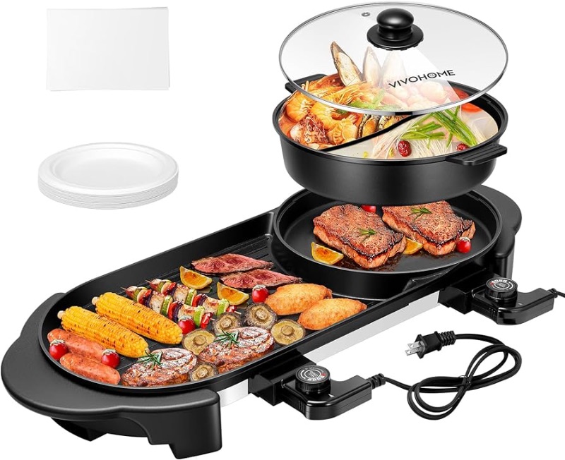 Photo 1 of (NON-REFUNDALBE) VIVOHOME 2200W Electric Hot Pot with Grill, Removable Shabu-shabu Pot w/Non-stick Baking Pan, Separate Temperature Control 2-IN-1 Hotpot BBQ for 1-6 People Family Dinning