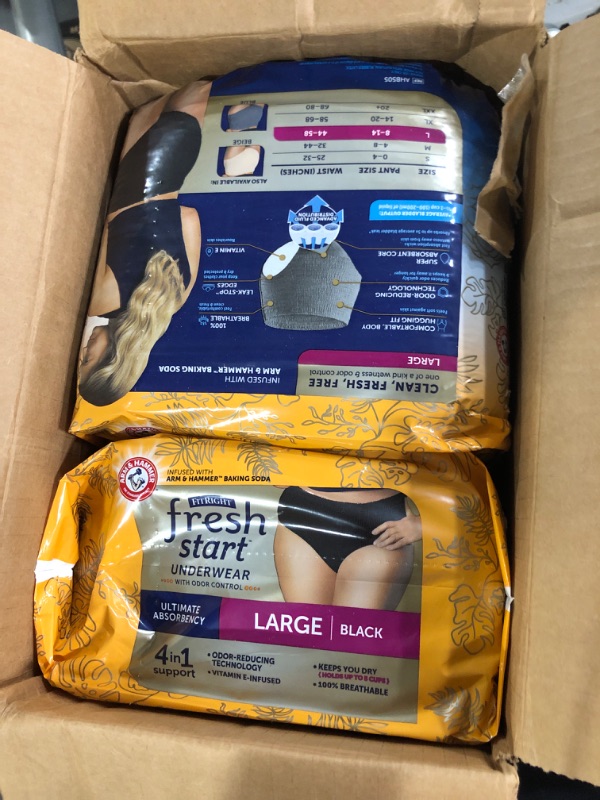 Photo 1 of FitRight Fresh Start Incontinence and Postpartum Underwear for Women, Large, Black (48 Count) Ultimate Absorbency, Disposable Underwear with The Odor-Control Power of ARM & HAMMER Large (48 Count) Black