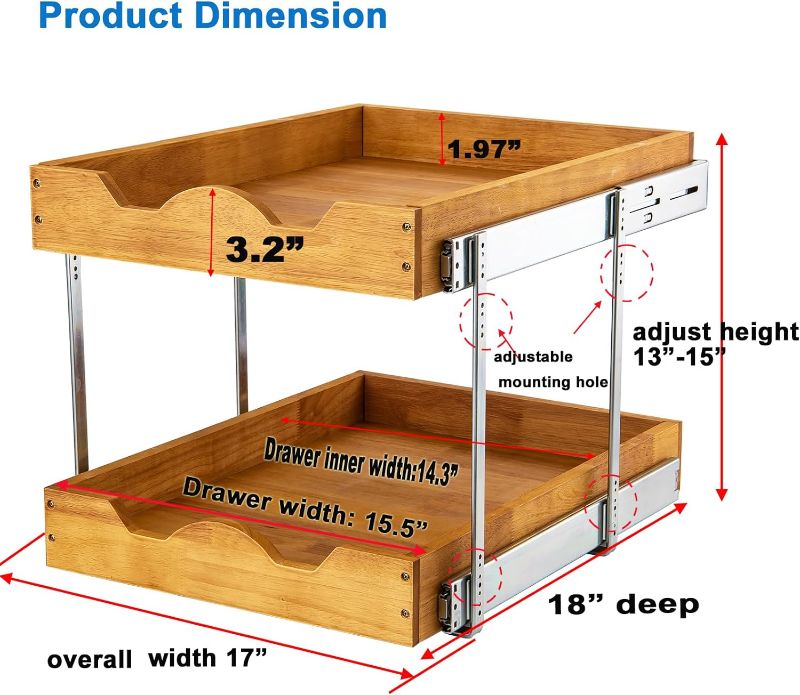 Photo 3 of (NON-REFUNDABLE) 2 Tier Wood Pull Out Cabinet Organizer (17" W x 18" D) Heavy-Duty Metal Sliding Drawer Shelf, Two Tier Pull Out Shelves for Kitchen Cabinets, Pantry, Bathroom…
