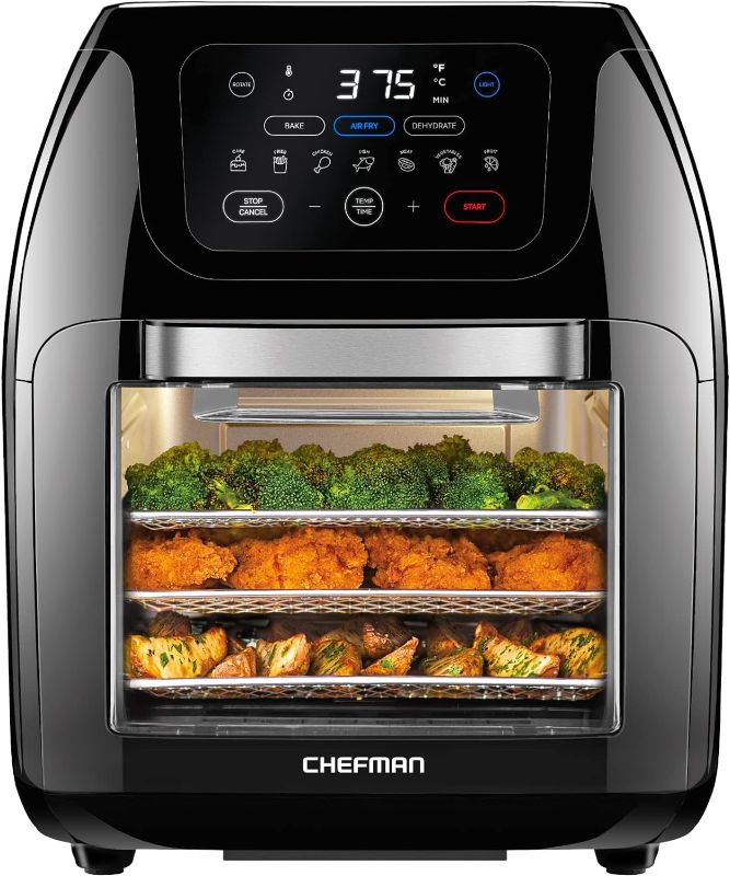 Photo 1 of ***USED - POWERS ON - UNABLE TO TEST FURTHER***
CHEFMAN Multifunctional Digital Air Fryer+ Rotisserie, Dehydrator, Convection Oven, 17 Touch Screen Presets Fry, Roast, Dehydrate, Bake, XL 10L Family Size, Auto Shutoff, Large Easy-View Window, Black