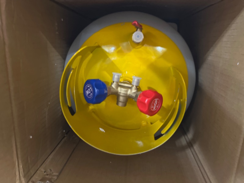 Photo 2 of 50LBS Capacity Refrigerant Recovery Tank, 5.8 Gal 400 Psi Portable Cylinder Tank with 1/4 SAE Y-Valve for Liquid/Vapor, Reusable Save Valve, High-Sealing Recovery Can for R22/R134A/R410A, Gray Yellow