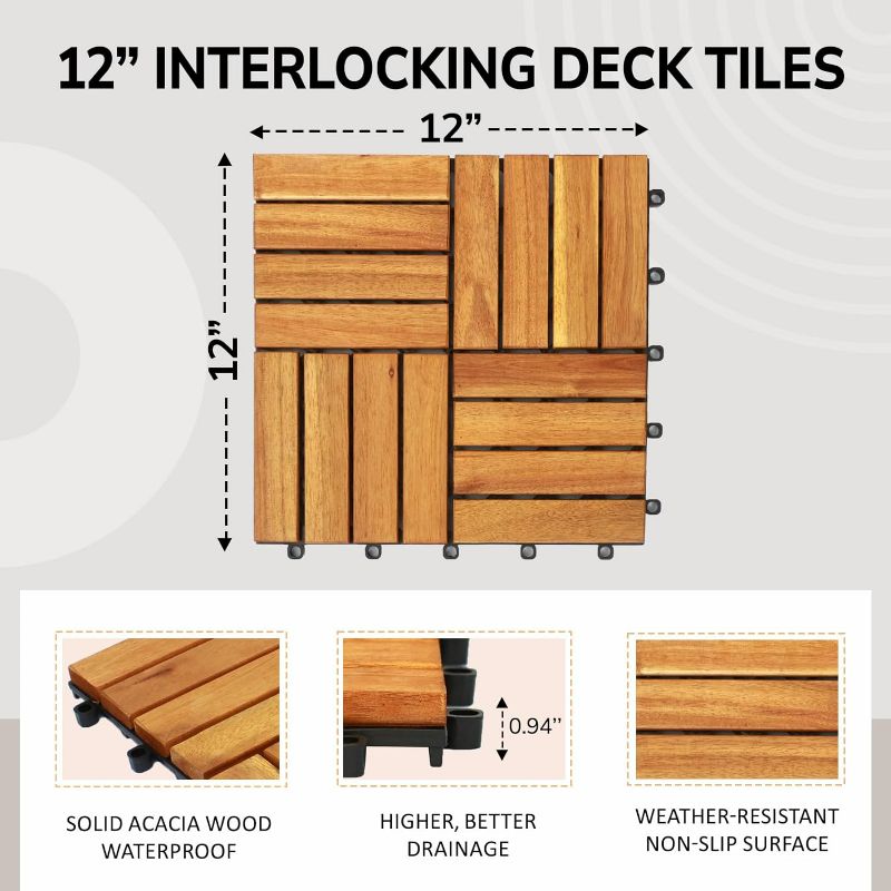 Photo 5 of (READ FULL POST) Interlocking Deck Tiles-10PCS Waterproof Acacia Wood Patio Tiles, Easy Snap Flooring Tiles for Indoor and Outdoor,Balcony, Entry, Poolside Tiles, 12”x12”, 10sq.ft per Box, Natural