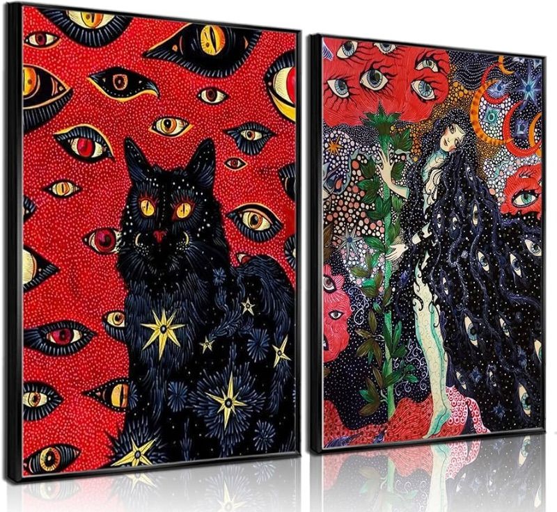 Photo 1 of 2Pcs Black Cat Cohen Hippie Psychedelic Wall Art Retro Fun Cool Girl Mystical Animal Eyes Stars Canvas Posters Prints Cat Lovers Wall Decor Pictures Bedroom Living Room Dorm Decoration Unframed