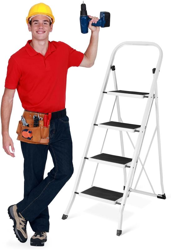 Photo 1 of **minor DAMAGE DENTS ON SIDE STILL SEEMS FUNCTIONAL**
Delxo 4 Step Ladder Folding Step Stool, Heavy-Duty Sturdy Safety Tall Step Ladder Outdoor with Handrail Wide Pedal,White Lightweight Collapsible 4-Feet Step Stool Ladder for Adults Home Kitchen Indoor
