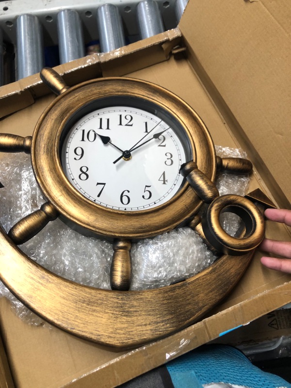 Photo 2 of **MAJOR DAMAGE TO TOP OF CLOCK STILL SEEMS FUNCTIONAL**
Large 20 Inch Anchor and Boat Wheel Wall Clock, Nautical Coastal Beach or Sea Theme Home Decor, Silent, Non Ticking Sweep Movement Large Large Bronze