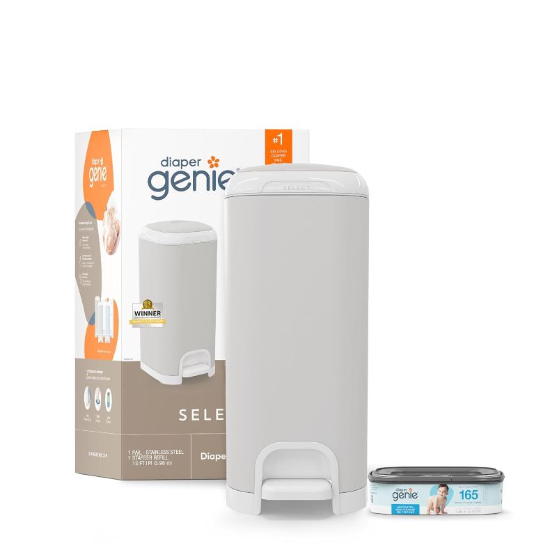 Photo 1 of **MISSING PEDAL**
Diaper Genie Platinum Pail (Stone Grey) is Made in Durable Stainless Steel and Includes 1 Easy Roll Refill with 18 Bags That can Last up to 5 Months.