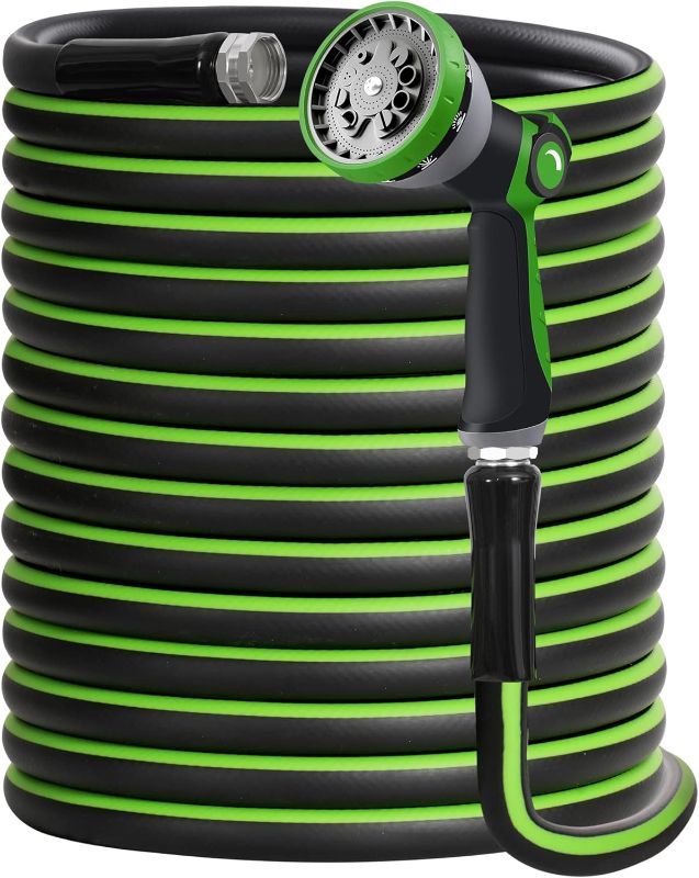 Photo 1 of **MISSING NOZZLE**
Double Couple Heavy Duty Garden Hose 5/8" Super Flexible Water Hose with 10 Function Sprayer Nozzle 3/4" Solid Fittings Leakproof Hose 450 Burst PSI Watering Pipe Car Wash (100FT, Black+Green)