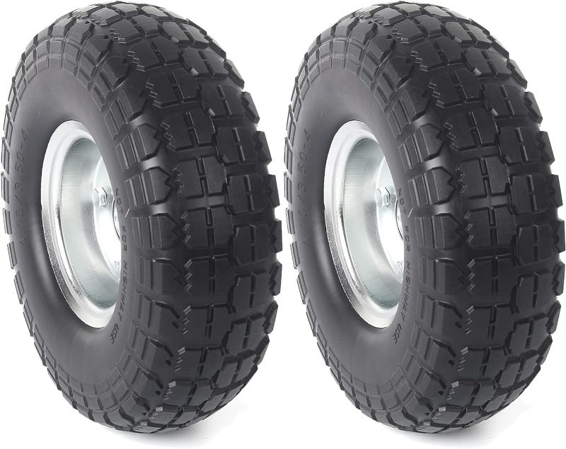 Photo 1 of (2-Pack) AR-PRO 10-Inch Solid Rubber Tires and Wheels - Replacement 4.10/3.50-4” Tires and Wheels with 5/8” Axle Bore Hole, and Double Sealed Bearings - Perfect for Gorilla Carts Sliver