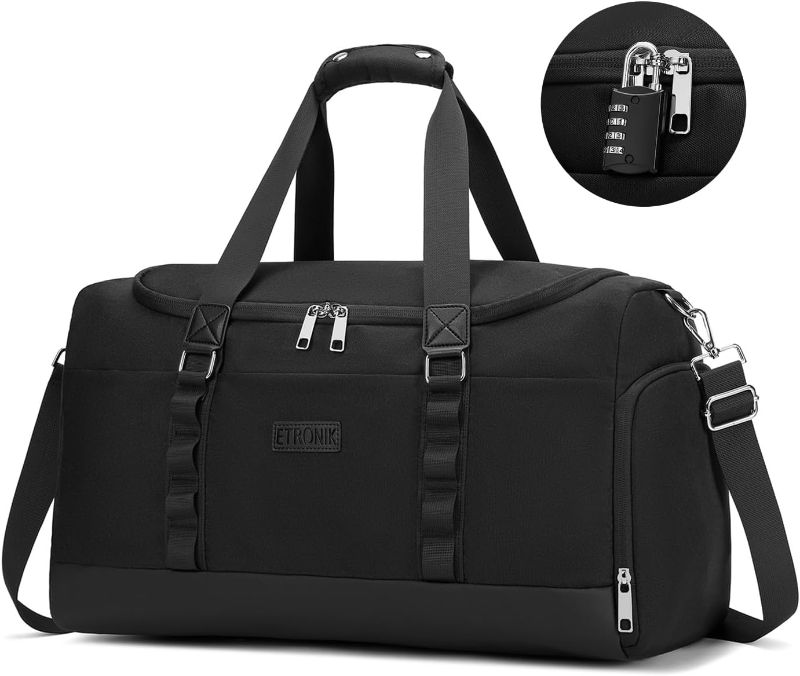 Photo 1 of **STOCK PHOTO FOR REFERENCE**
ETRONIK Gym Bag for Men Women with Lock, Travel Duffel Bag with Shoes Compartment & Wet Pocket, Water Resistant Carry On Bag Weekender Overnight Bag for Sports Gym Swimming Yoga, Black