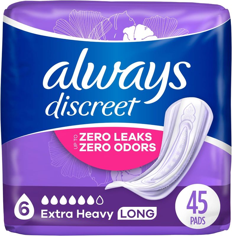 Photo 1 of ***STOCK PHOTO FOR REFERENCE ONLY***
Always Discreet Adult Extra Heavy Long Incontinence Pads, Up to 100% Leak-Free Protection (Packaging May Vary)