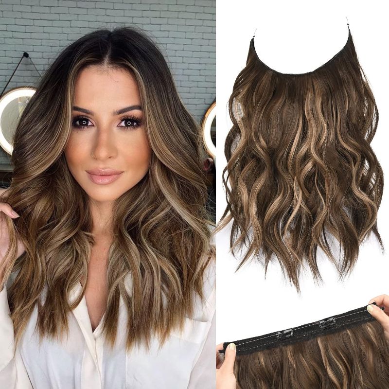 Photo 1 of REECHO Invisible Wire Hair Extensions with Thinner Softer Lace Weft Adjustable Size Removable Secure Clips in Wavy Secret Hairpiece 12 Inch (Pack of 1) - Chocolate Brown with Blonde Highlights