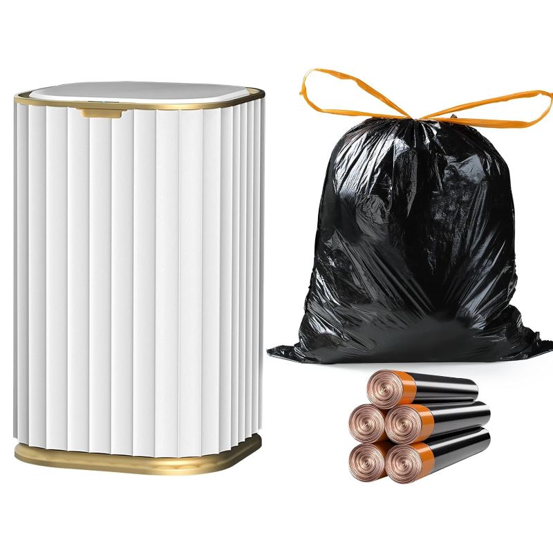 Photo 1 of ***USED runs on 2 AA batteries no include***
 MOPALL 3.5 Gallon Automatic Trash Can,Waterproof Slim Touchless Bathroom Garbage Can with a Lid(White with Gold Trim)
