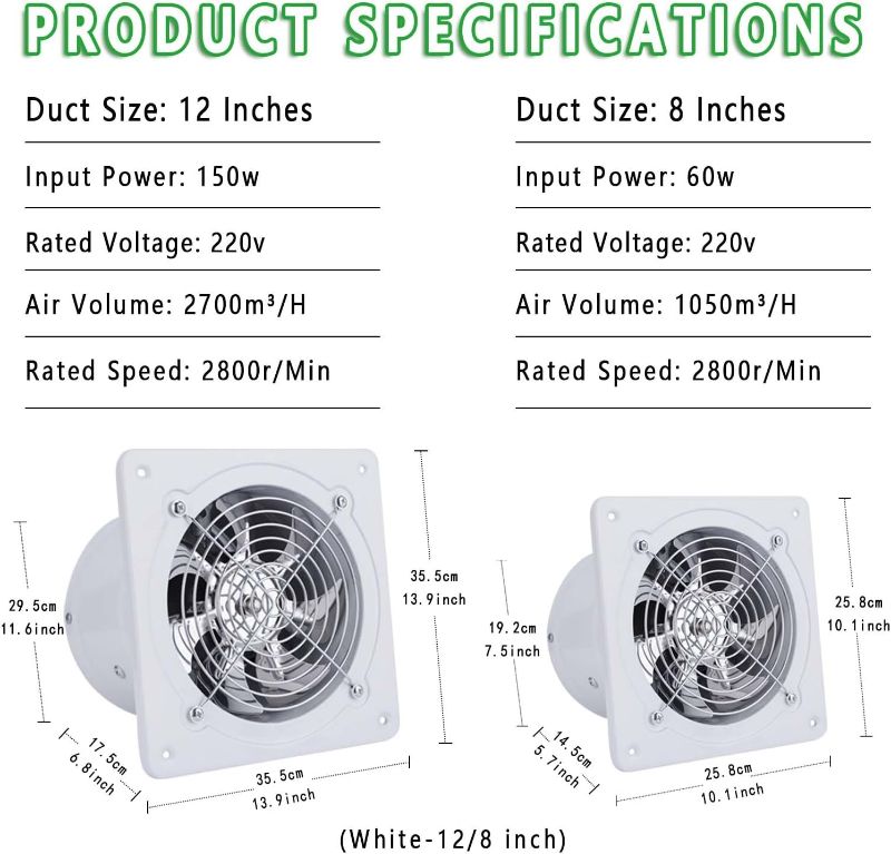 Photo 4 of (READ FULL POST) 12 Inch Exhaust Fan,Wall Mounted Vent Fans,Ventilation Extractor Fan 110V Wall-Mounted Square Blower for Kitchen,Bathroom,laundry room 12 Inch White