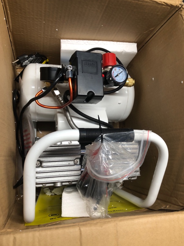 Photo 2 of ***PARTS ONLY******NON REFUNDABLE***Ultra Quiet Air Compressor Portable, 60 dB, Silent and Electric for Car and Bike Tires, Nail Gun, and Pneumatic Tools, Garage, Shop, or Mechanic Accessories, 115V Ultra quiet 1 gal tank/60dB