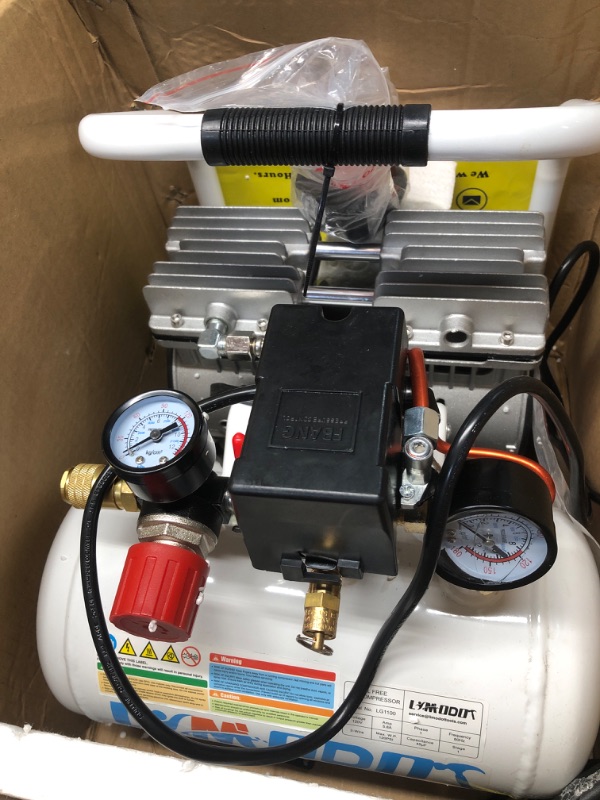 Photo 4 of ***PARTS ONLY******NON REFUNDABLE***Ultra Quiet Air Compressor Portable, 60 dB, Silent and Electric for Car and Bike Tires, Nail Gun, and Pneumatic Tools, Garage, Shop, or Mechanic Accessories, 115V Ultra quiet 1 gal tank/60dB