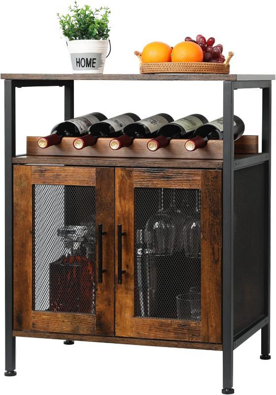 Photo 1 of ***STOCK PHOTO REFERENCE ONLY***X-cosrack Wine Bar Rack Cabinet with Detachable Wine Rack, Coffee Bar Cabinet with Glass Holder, Small Sideboard and Buffet Cabinet with Mesh Door, Rustic Brown(Patent Pending)