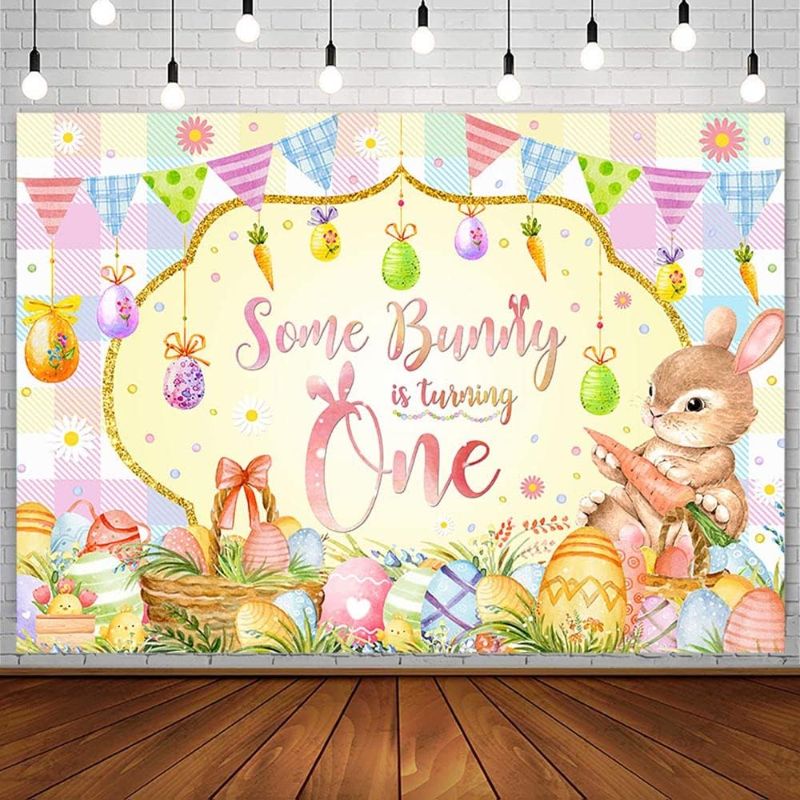 Photo 1 of ***STOCK PHOTO REFERENCE ONLY***
AIBIIN 7x5ft Bunny One Birthday Party Backdrop for Baby Easter Spring Egg Rabbit Happy 1st Birthday Photography Background Some Bunny is Turning One Party Decorations Supplies Banner Photoshoot Props