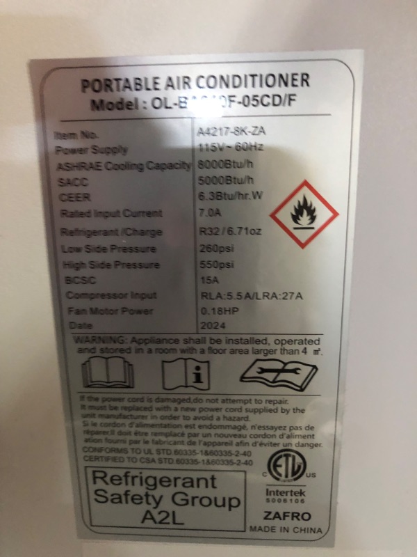 Photo 3 of ***USED - DAMAGED - MISSING PARTS - UNTESTED - SEE COMMENTS***
ZAFRO 8,000 BTU Portable Air Conditioners (2024 Upgraded) Cool Up to 350 Sq.Ft, Portable AC with Cool/Dehumidifier/Fan/Sleep Modes, Remote, 24Hrs Timer, Installation Kits for Home/Office/Dorms