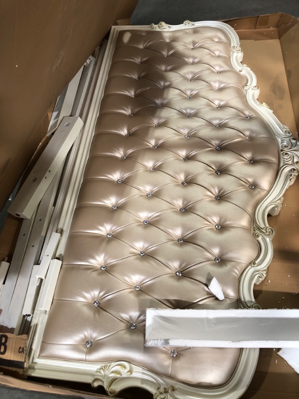 Photo 3 of (***TRUCK OR TRAILER PICK UP ONLY***) 
(UNKNOWN IF MISSING PARTS) 
Acme Gorsedd Tufted Queen Panel Bed in Cream Fabric and Golden Ivory