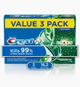 Photo 1 of ***NON REFUNDABLE*** Crest Complete Whitening + Scope, Long Lasting Mint Toothpaste, Triple Pack (3 Count of 5.4 oz Tubes), 16.2 oz 1.01 Pound (Pack of 1) ***NELLIS VARIETY BOX- MIXED ITEMS- SOLD AS IS- NONREFUNDABLE***
b 8/24