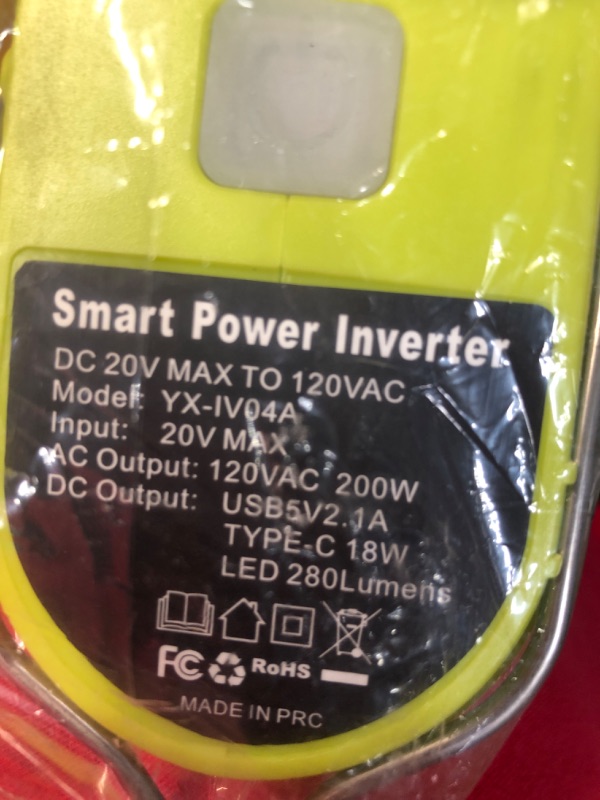 Photo 2 of **MISSING PART READ NOTES**
200W Powered Generator Inverter for Ryobi 18V Lithium Battery Generator DC18V to AC 110V-120V with USB Port 280LM Light for Outdoors Camping Hiking