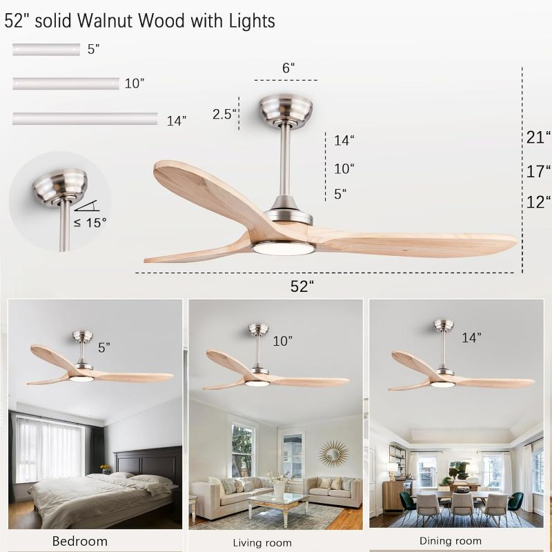 Photo 3 of (NON-REFUNDABLE) 52" Wood Ceiling Fans with Lights and Remote Control,Indoor Outdoor 3 Blades Wooden Ceiling Fan for Garage,Patio,Living Rooms,Bedrooms,Offices,Farmhouse(Nickel+Raw wood) Nickel+Raw wood 52 inch with Light