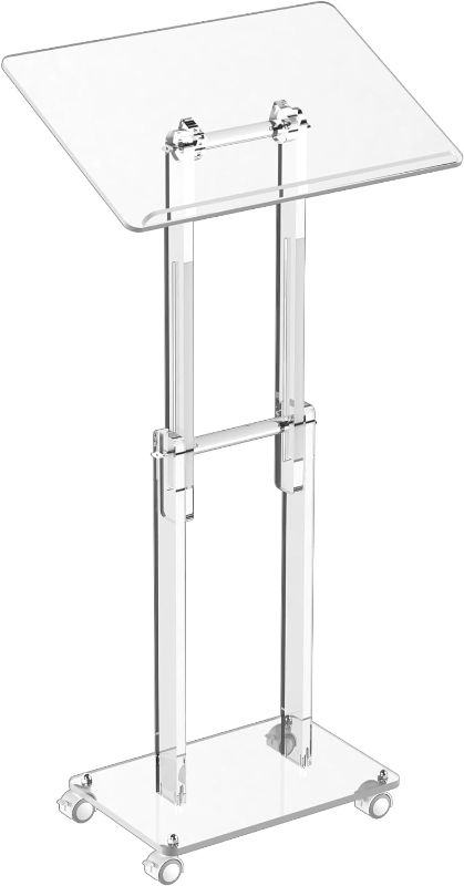 Photo 1 of HMYHUM Acrylic Podium Stand with Lockable Wheels, Angle & Height Adjustable, Clear Rolling Podium, Mobile Lecterns & Pulpits for Classroom, Concert, Church, Speech, Multi-Purpose, Modern