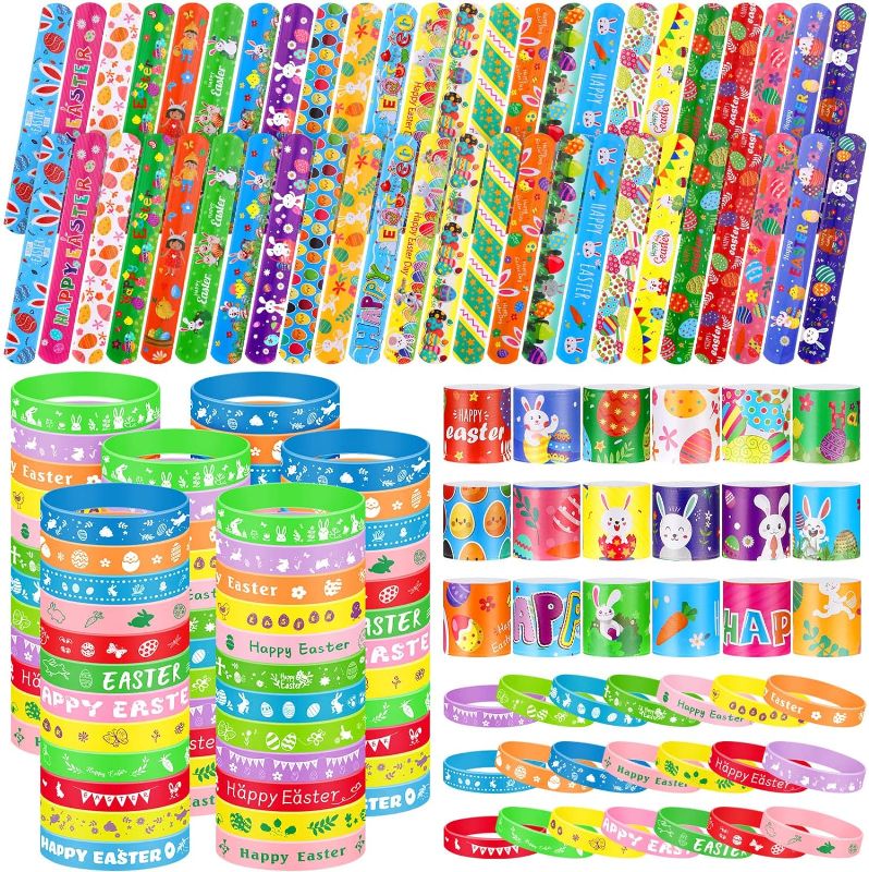 Photo 1 of 100 Pcs Easter Party Favors for Kids Easter Slap Bracelets Rubber Wristbands Set Assorted Easter Egg Fillers Gifts Basket Stuffers
