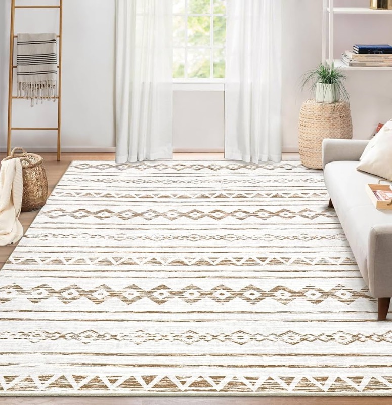 Photo 1 of Area Rug Living Room Carpet: 5x7 Large Moroccan Soft Fluffy Geometric Washable Bedroom Rugs Dining Room Home Office Nursery Low Pile Decor Under Kitchen Table Light Brown