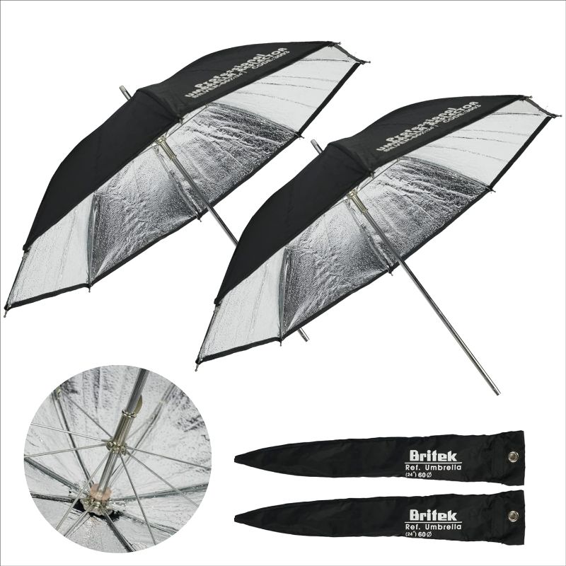 Photo 1 of [2 PCS] Professional Studio 24"/60cm Black + Silver Reflector Photography Umbrella w/Sleeve, Metal Parts for Portrait Video Flash Photo
