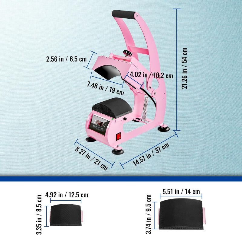 Photo 4 of (READ FULL POST) Heat Press Machine for Hats,Curved Element Press Clamshell Design,LCD Digital Timer Temperature Control with 2pcs Curved Heating Elements(5.5"x3.8", 5"x3.4")-Pink Heat Hats-Pink